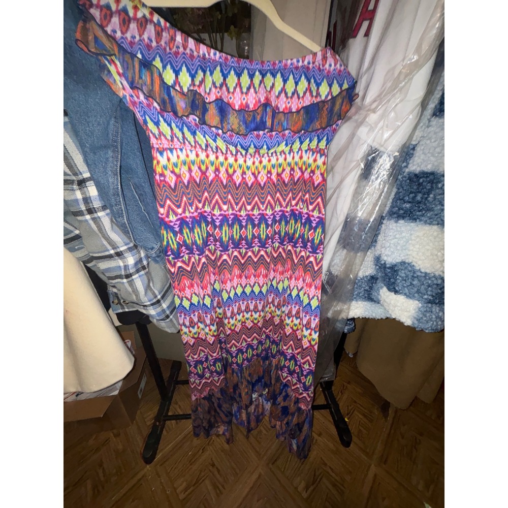 Boho One Shoulder Dress Multi Color Patterned Ruffle Trim Sleeveless Beach